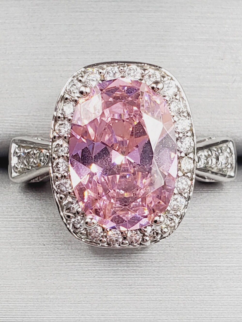 Pink Oval Halo Cocktail Ring in Silver Tone